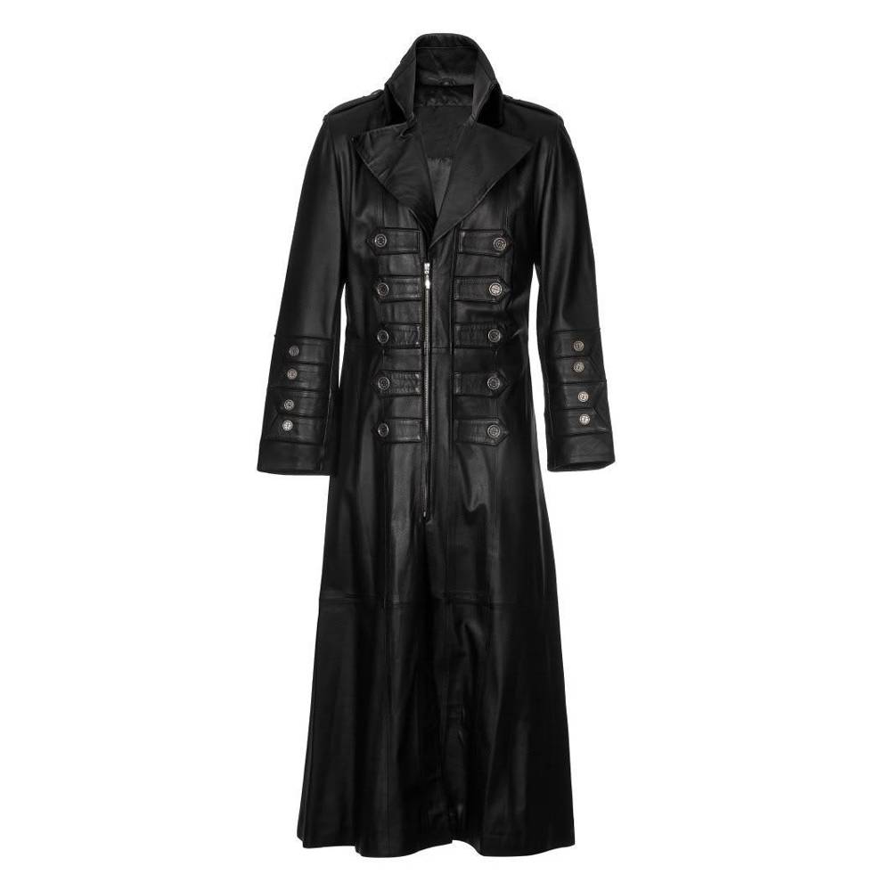 XS MENS REAL LEATHER GOTH MATRIX TRENCH COAT STEAMPUNK GOTHIC BLACK RED 3XL 