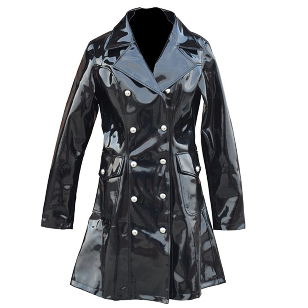 Women Military Gothic Vinyl Jacket Elegant PVC Double Breast Shine Star Coat