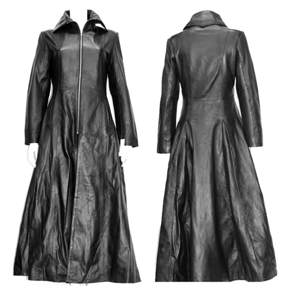 Womens Full Length Midnight Black Leather Club Coat