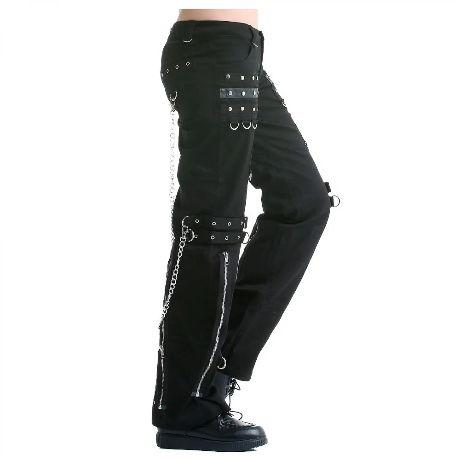 Black Gothic Punk Chain Pant featuring silver studs and zipper details.