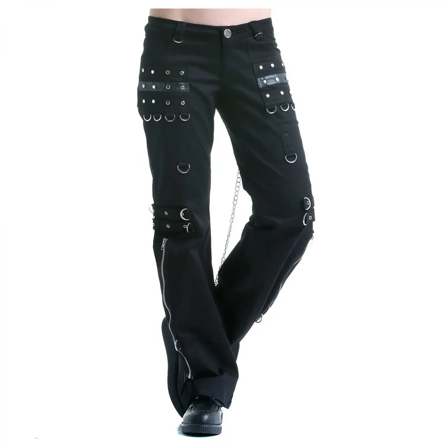 Black Gothic Punk Chain Pant featuring silver studs and zipper details.