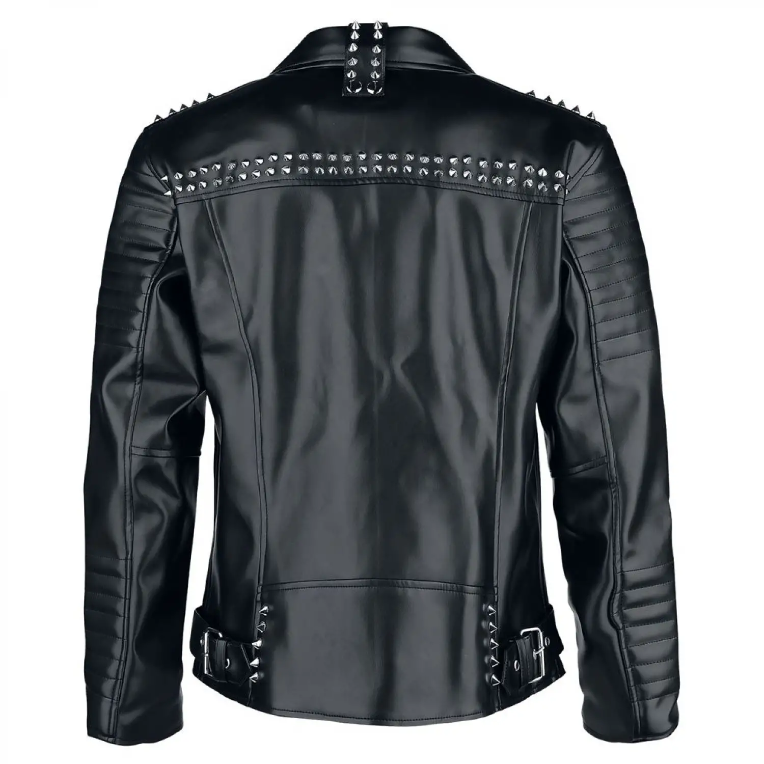 Men's black leather biker jacket with heavily studded lapels & shoulders, asymmetrical zip, zip pockets.