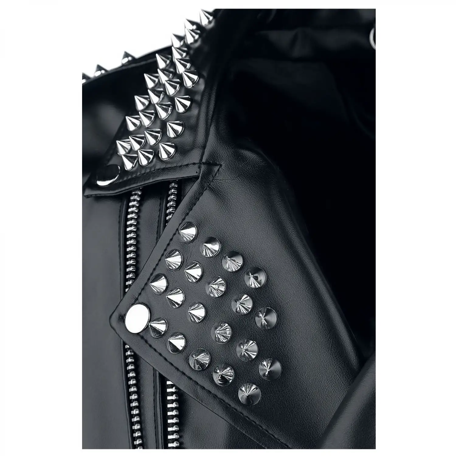 Men's black leather biker jacket with heavily studded lapels & shoulders, asymmetrical zip, zip pockets.