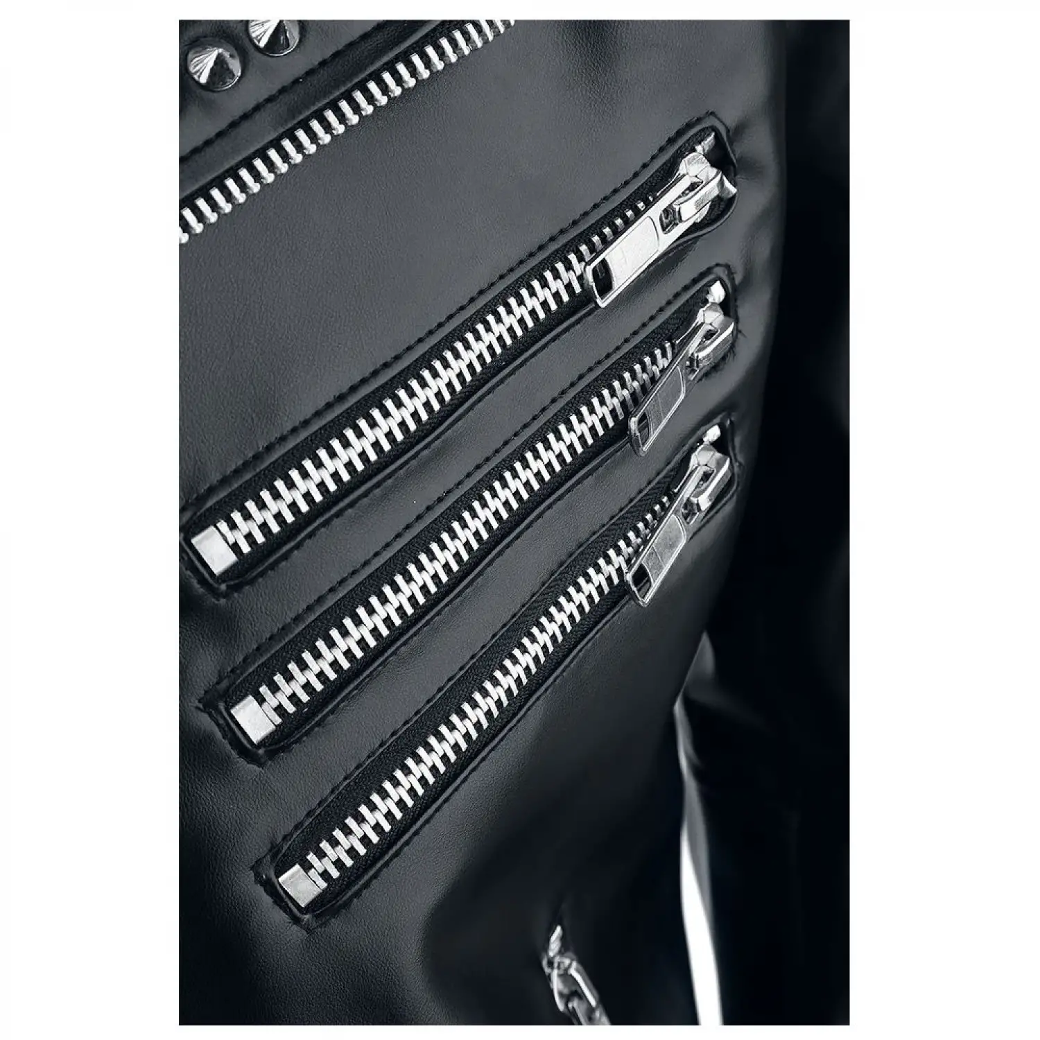 Men's black leather biker jacket with heavily studded lapels & shoulders, asymmetrical zip, zip pockets.