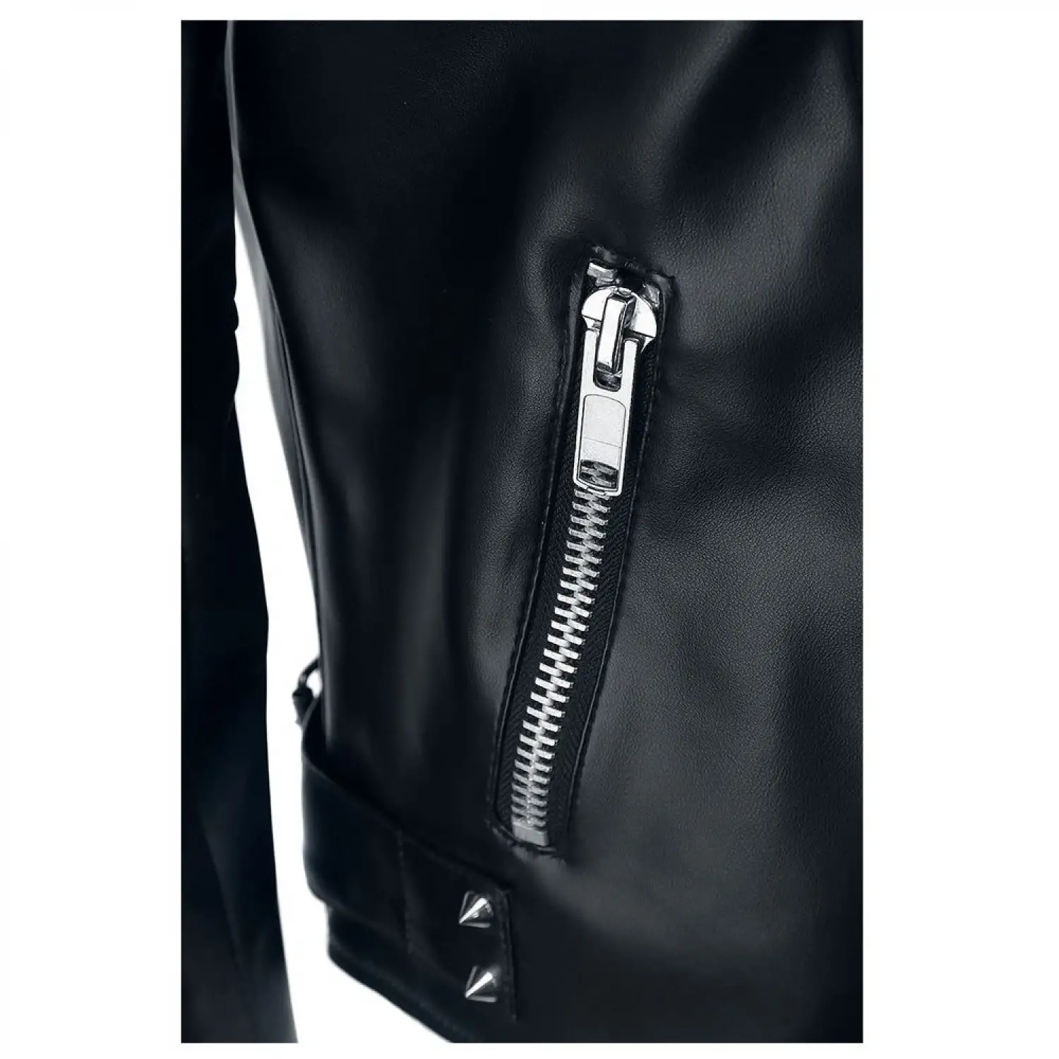Men's black leather biker jacket with heavily studded lapels & shoulders, asymmetrical zip, zip pockets.