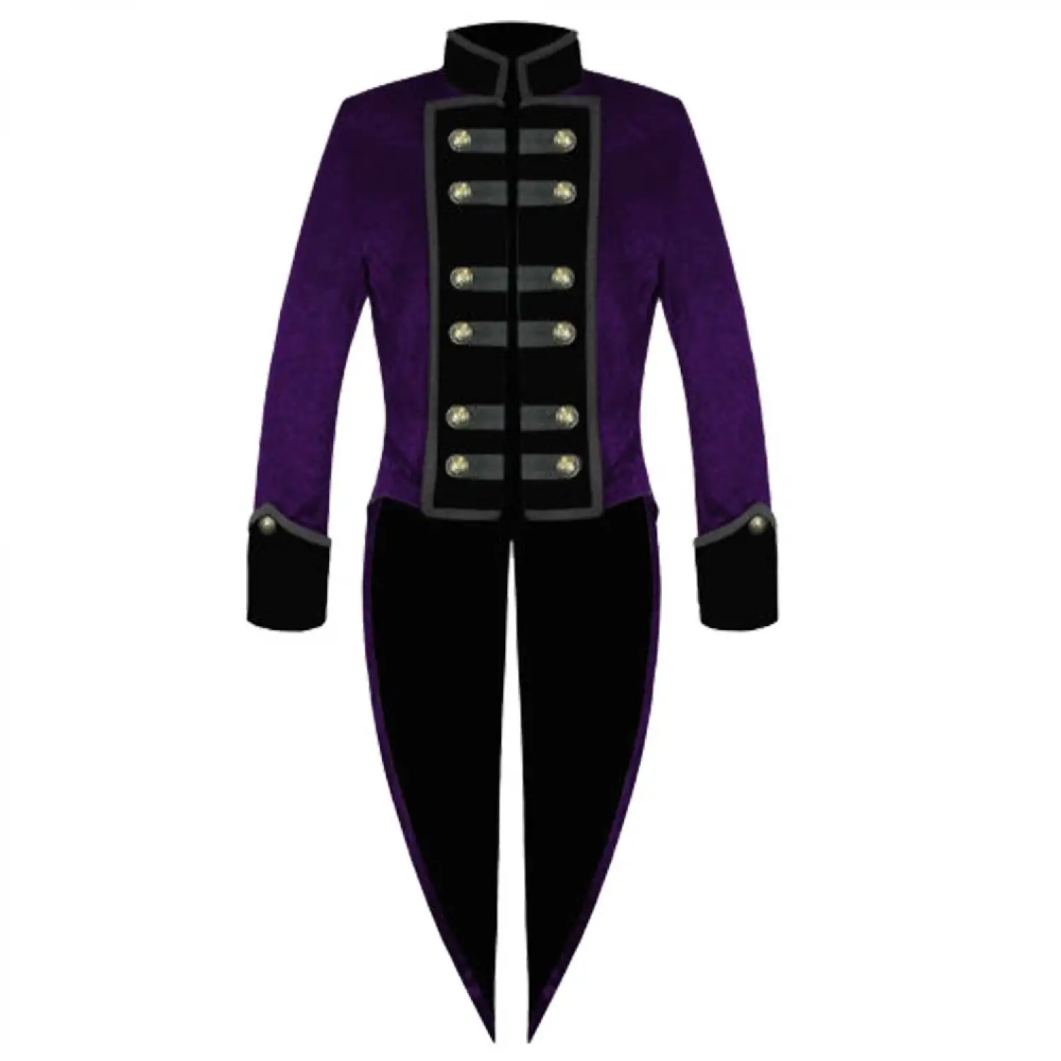 Men's purple and black steampunk military tailcoat with ornate silver buttons