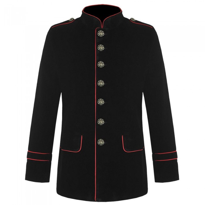 Men Black Military Jacket Gothic Red Piping VTG Coat Handmade