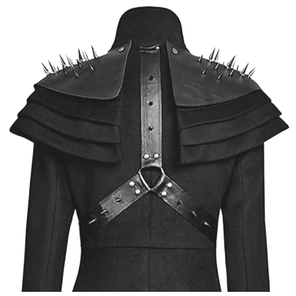Women Gothic Long Black Coat Steampunk Shoulder Spikes Rivets Punk Coat