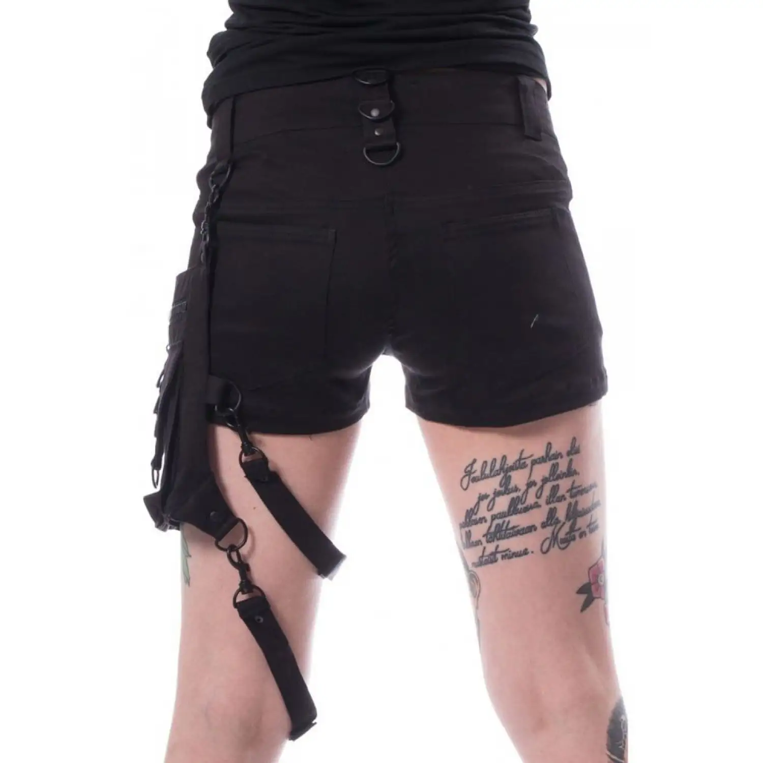 Black gothic bondage shorts with lace-up skort mini skirt overlay and straps.