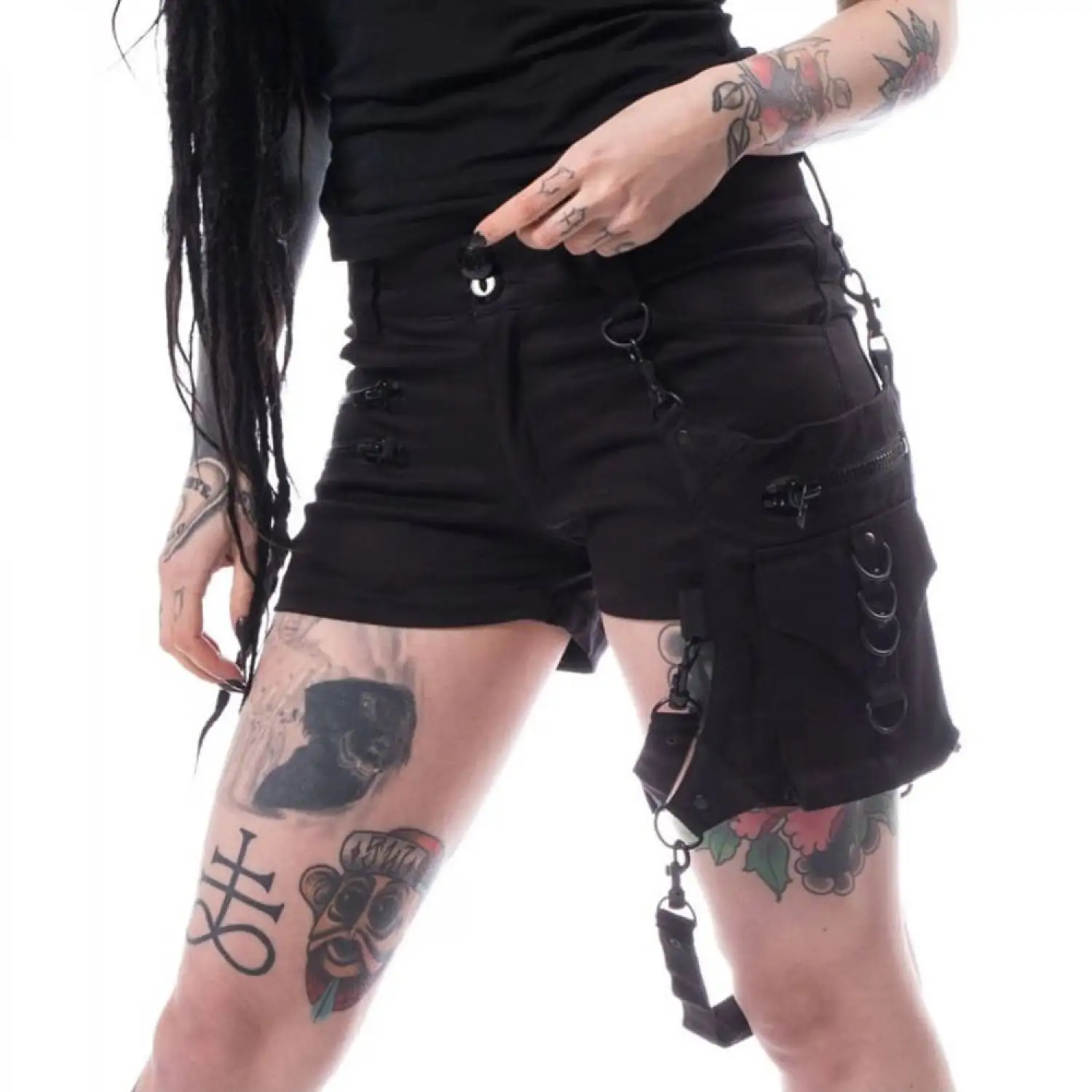 Black gothic bondage shorts with lace-up skort mini skirt overlay and straps.