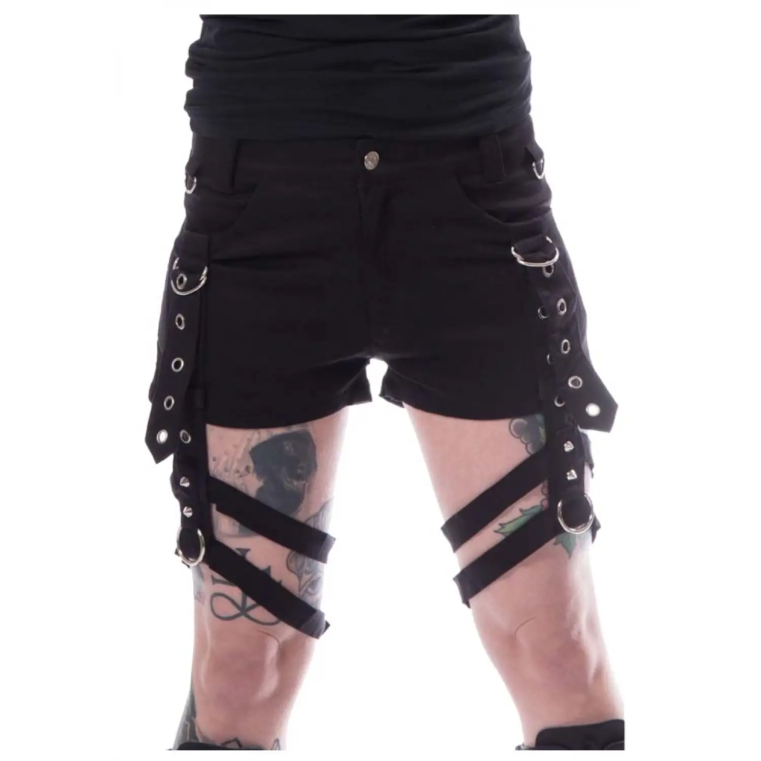 Women Gothic Black Denim Badass Babes Mini Shorts Women Gothic Black Denim Badass Babes Mini Shorts