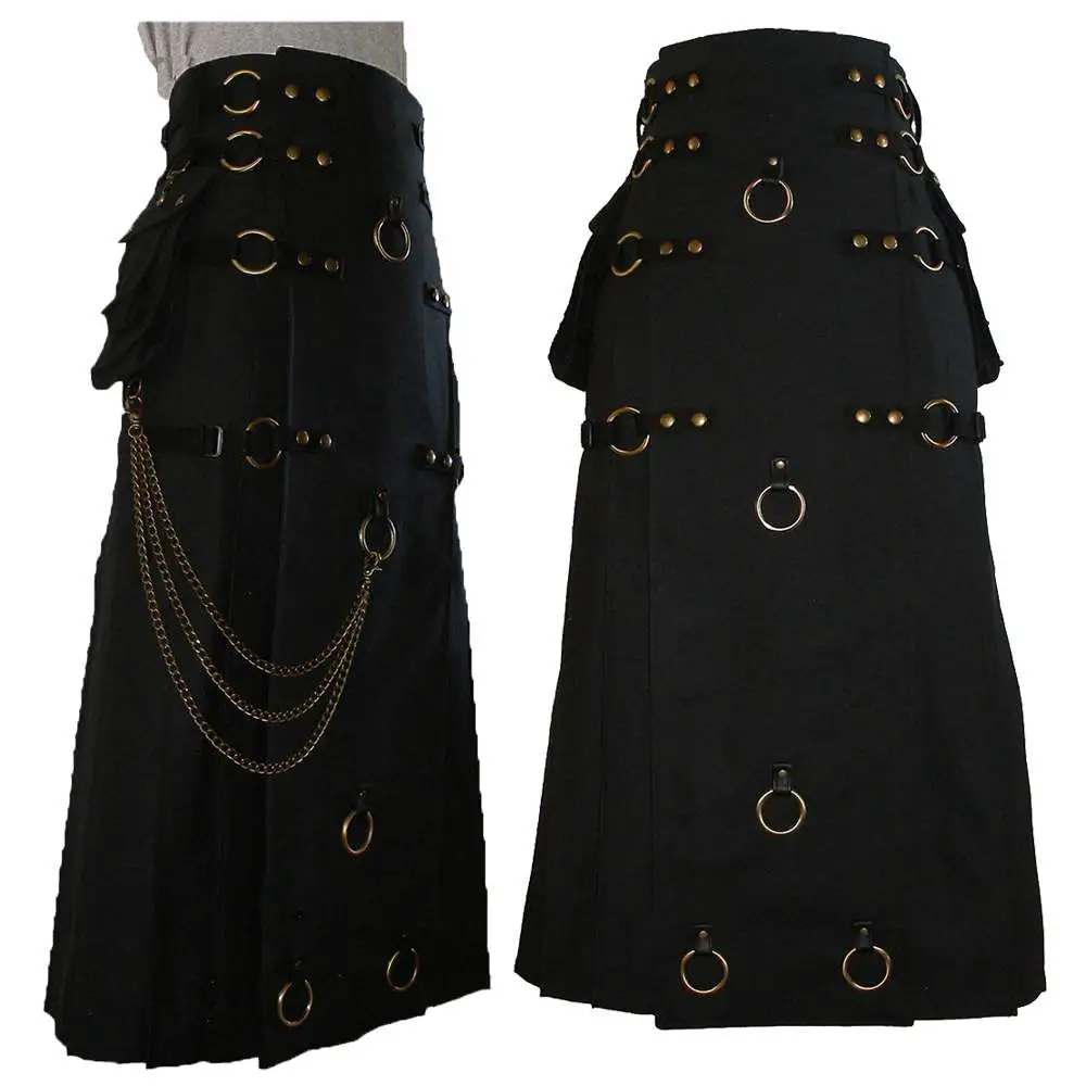 Long Black Gothic Utility Kilt Steampunk Leather Straps Kilt Chains Long Black Gothic Utility Kilt Steampunk Leather Straps Kilt Chains