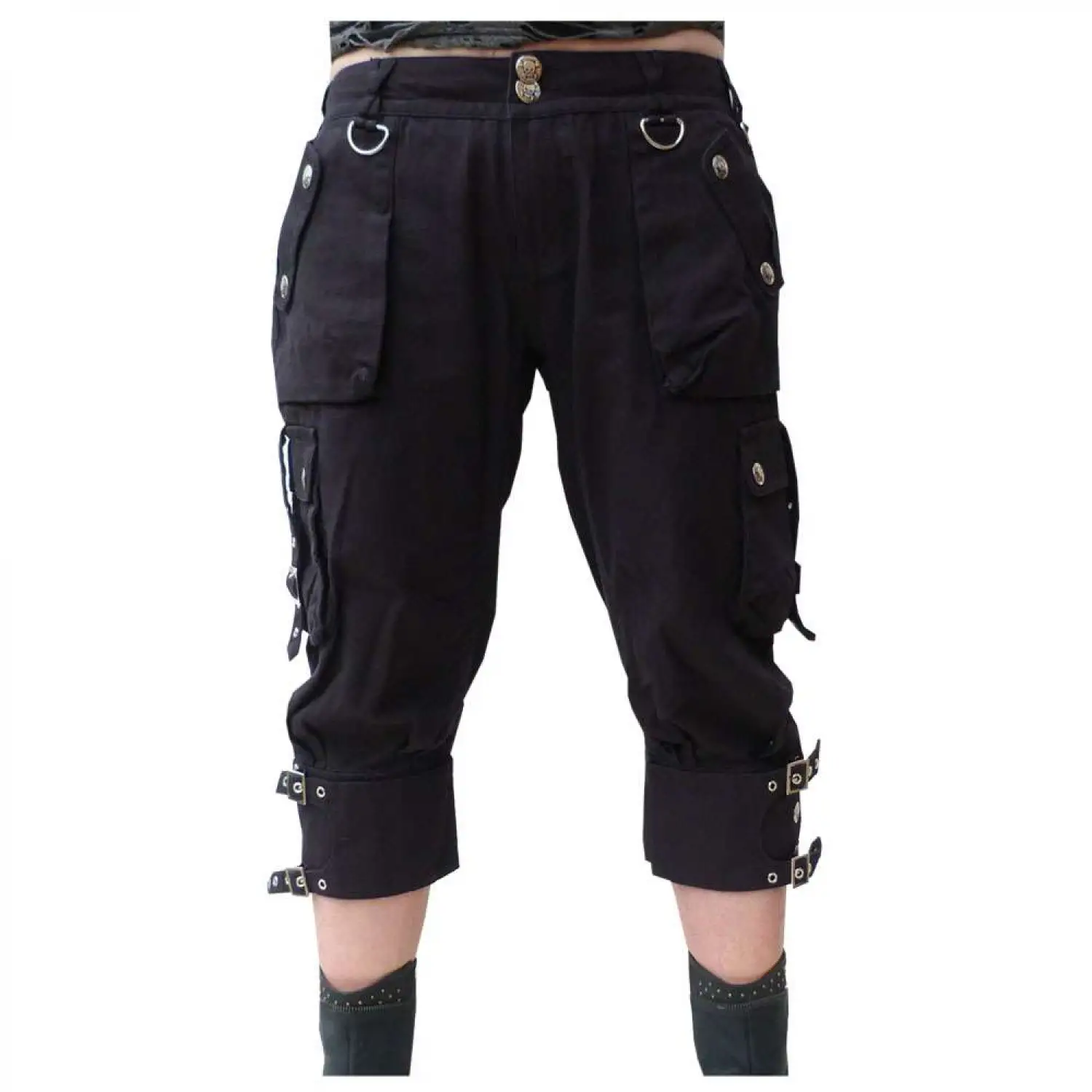 Black gothic unisex shorts with cargo pockets and D-ring straps