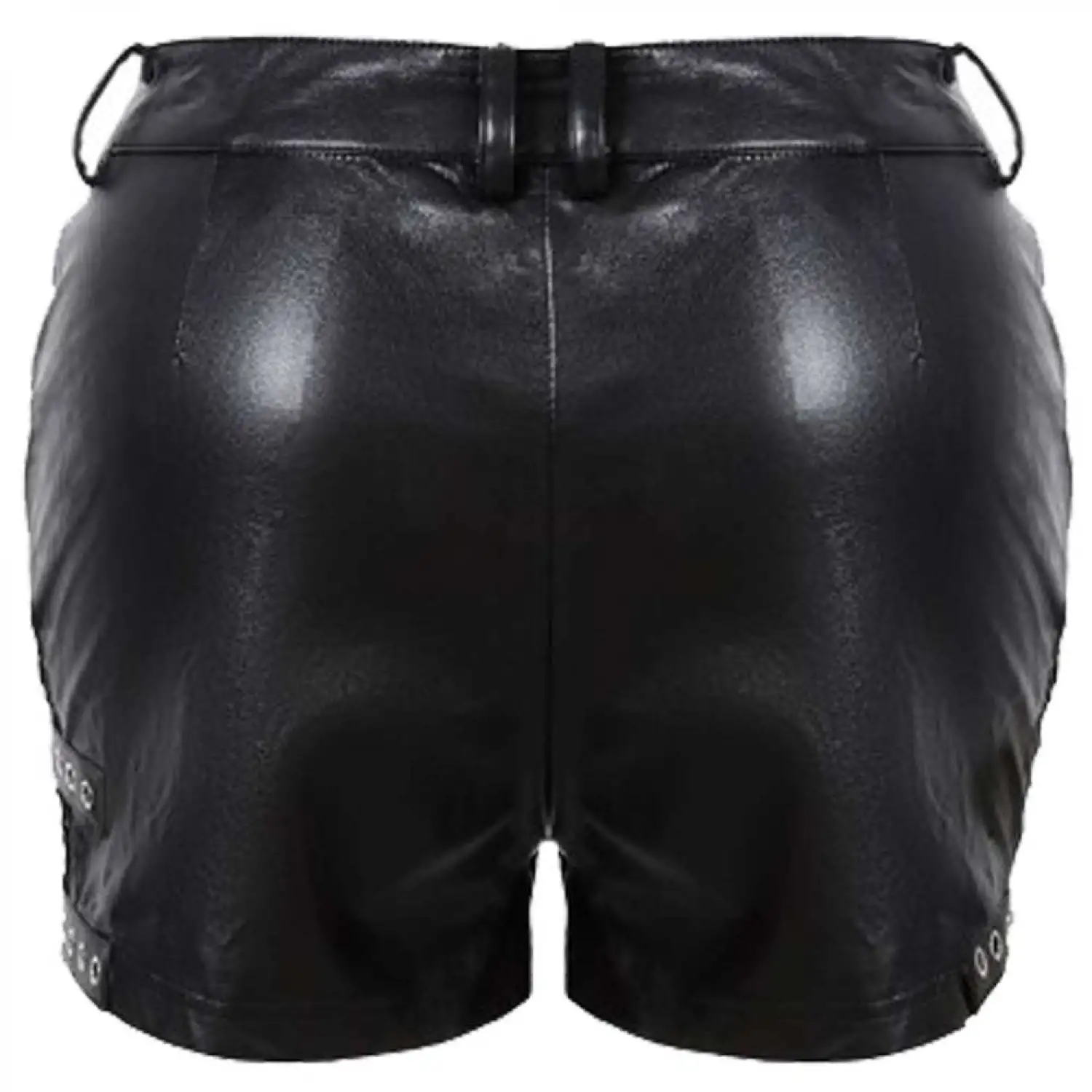 Womens Black Faux Leather Gothic Punk Shorts Women's black faux leather gothic punk shorts with studs, buckles, grommets, and chain detail.