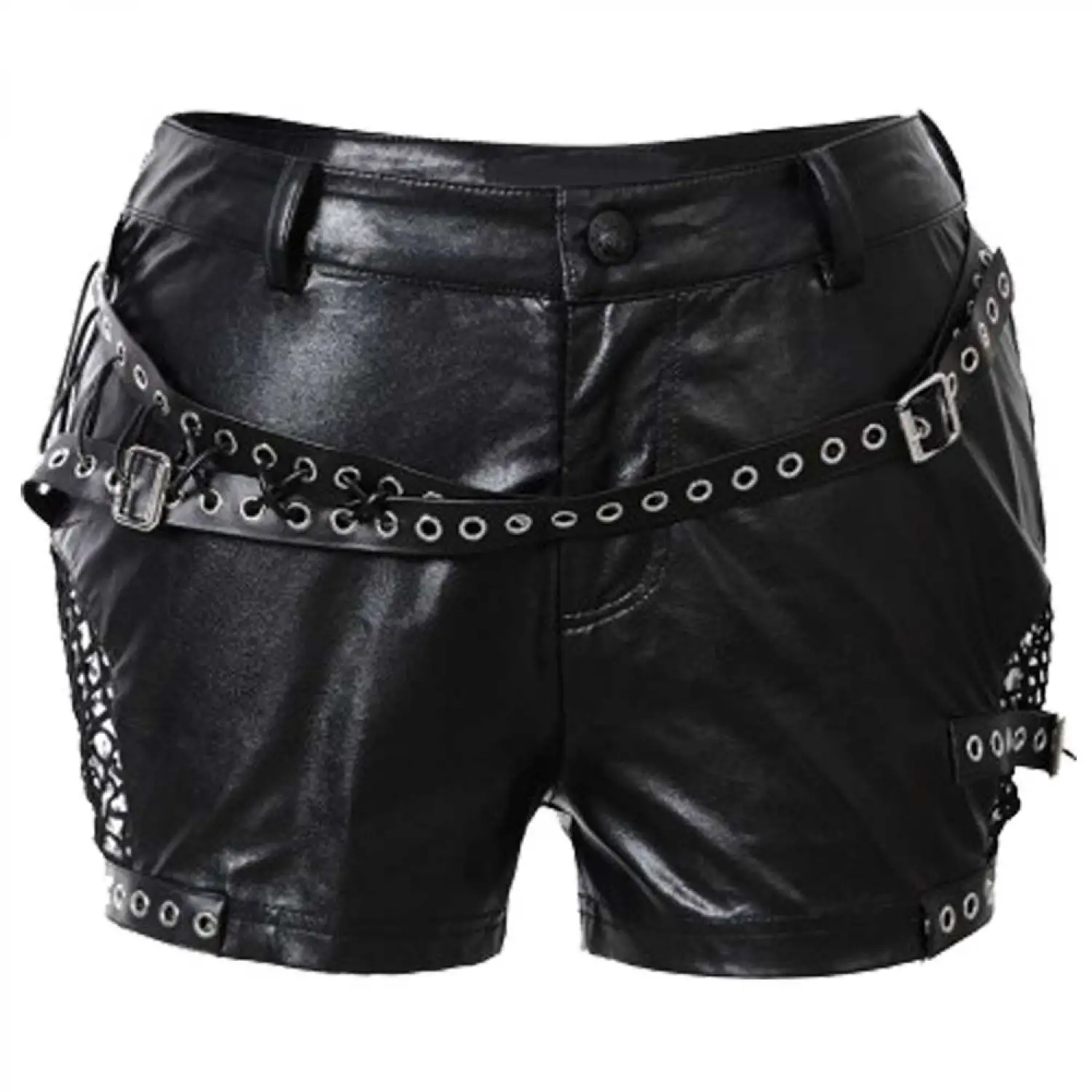 Womens Black Faux Leather Gothic Punk Shorts Women's black faux leather gothic punk shorts with studs, buckles, grommets, and chain detail.