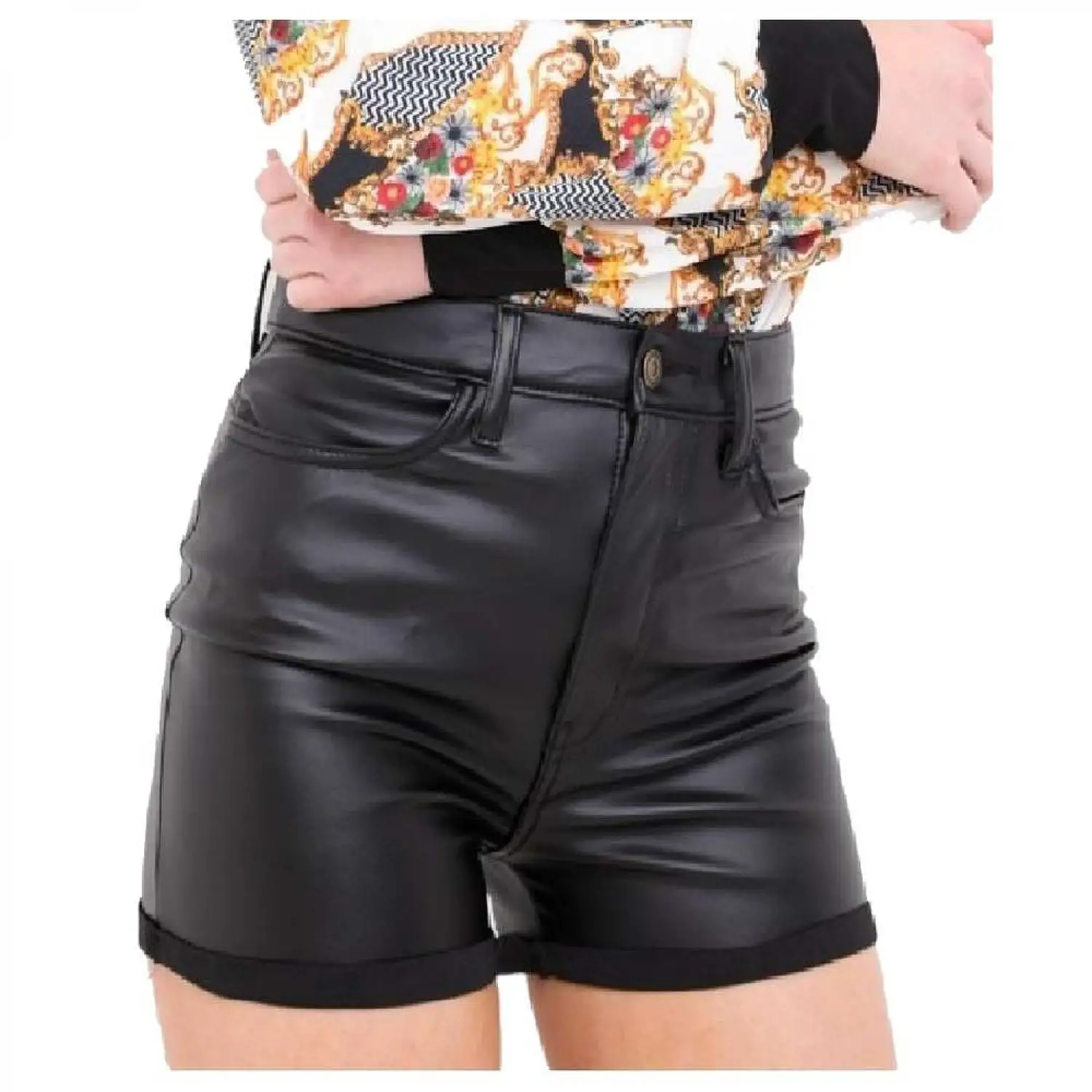 Women's black goth punk genuine lambskin leather shorts featuring a high-waisted slim fit and tailored cuffed hems.