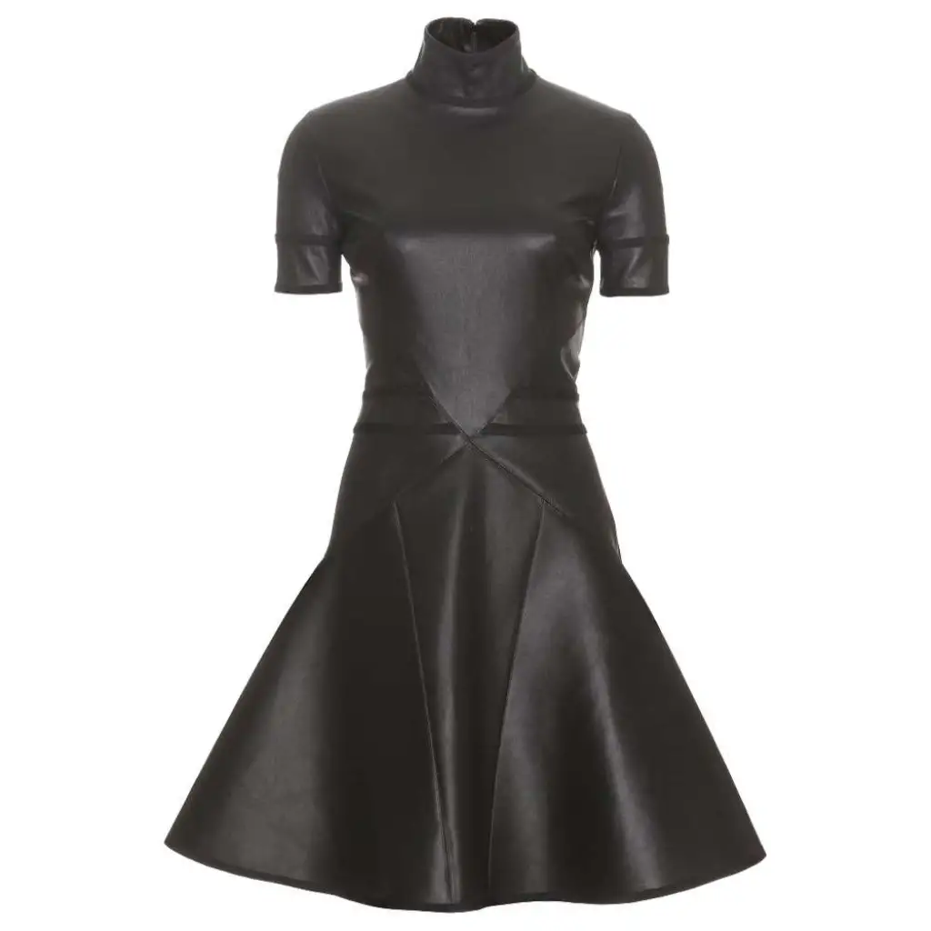 high neck leather dress RUCHED FAUX LEATHER DRESS Black / S