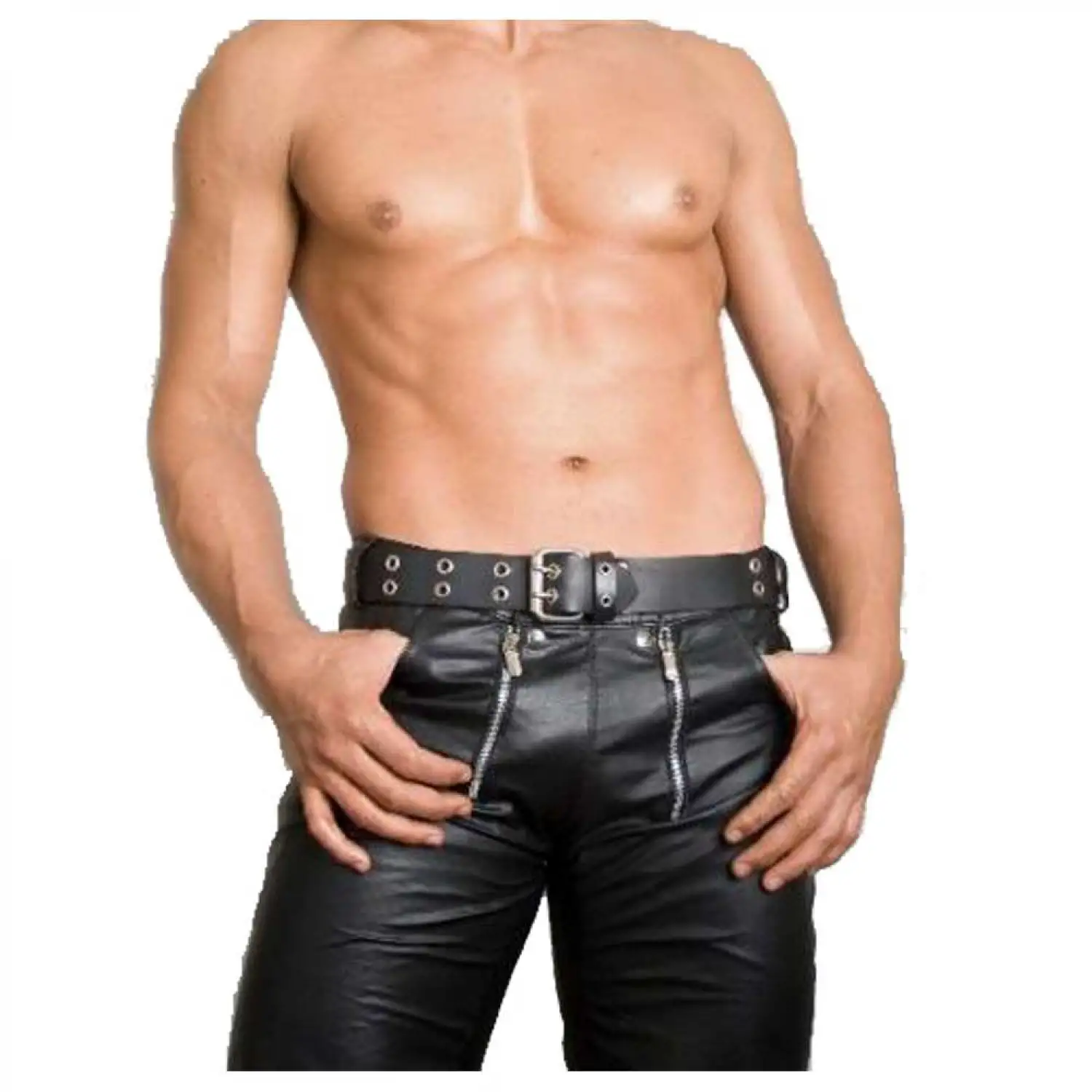 Men's Black Rocker Slim Fit Leather Pants Men's slim-fit black leather rocker pants with vertical zipper details on the thighs.