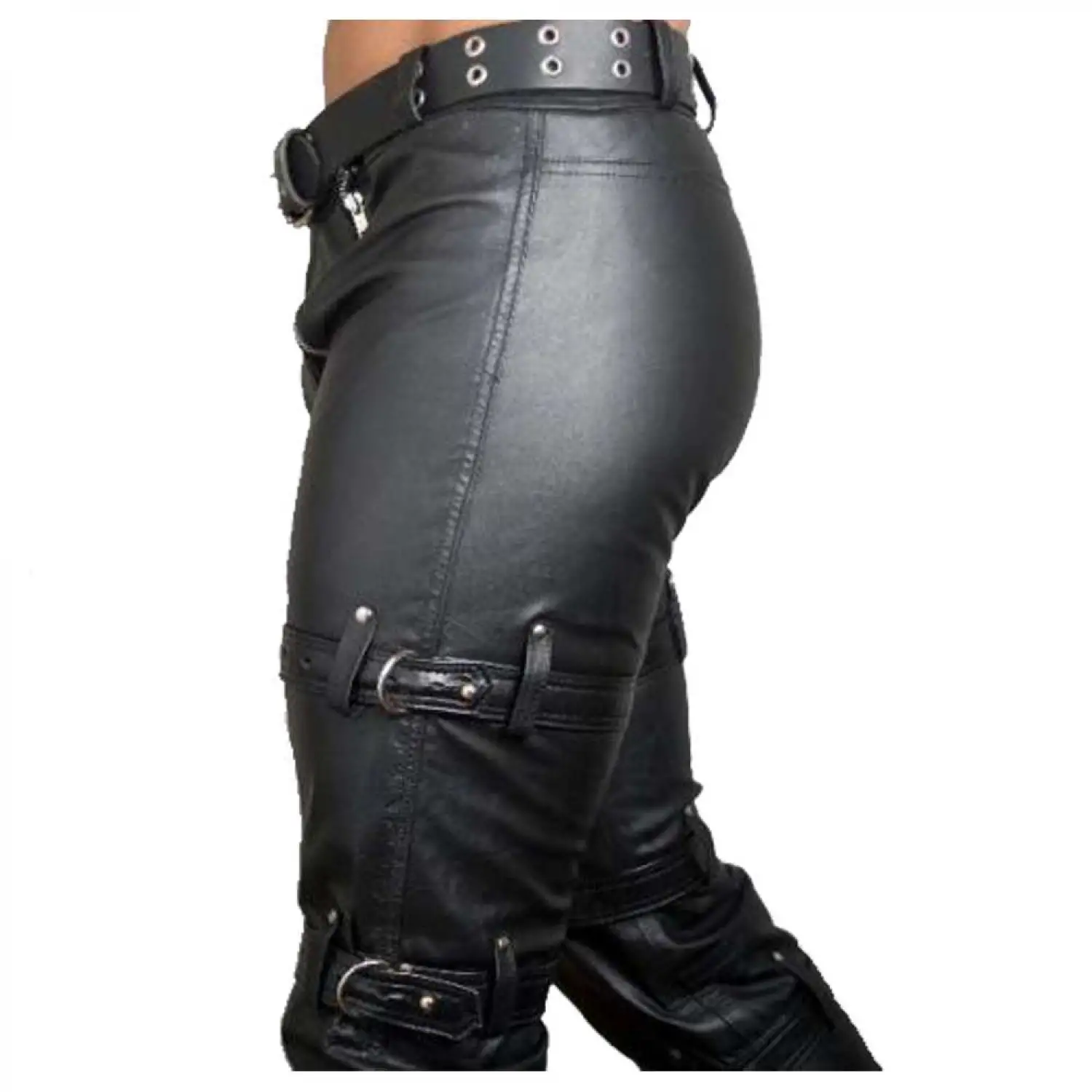 Men's Black Rocker Slim Fit Leather Pants Men's slim-fit black leather rocker pants with vertical zipper details on the thighs.