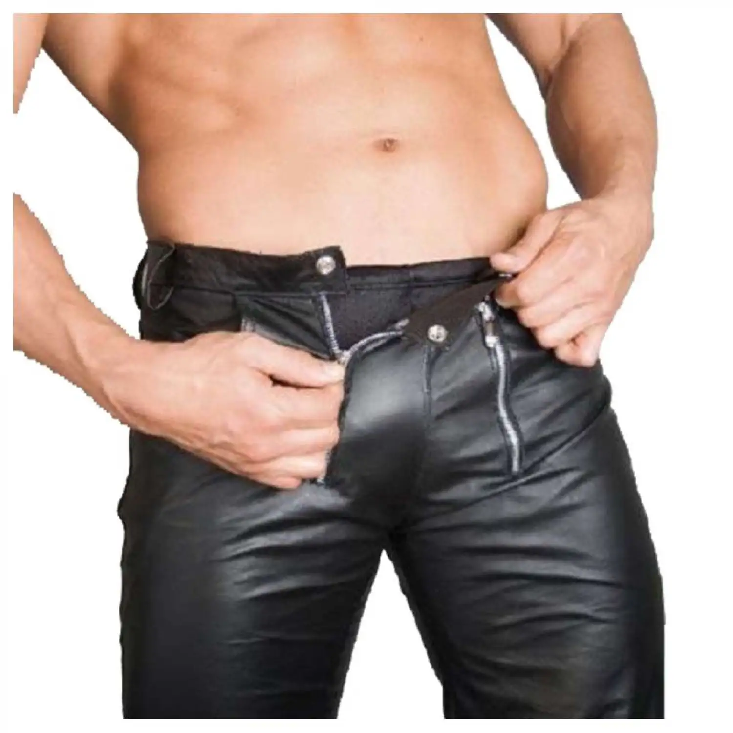 Men's Black Rocker Slim Fit Leather Pants Men's slim-fit black leather rocker pants with vertical zipper details on the thighs.