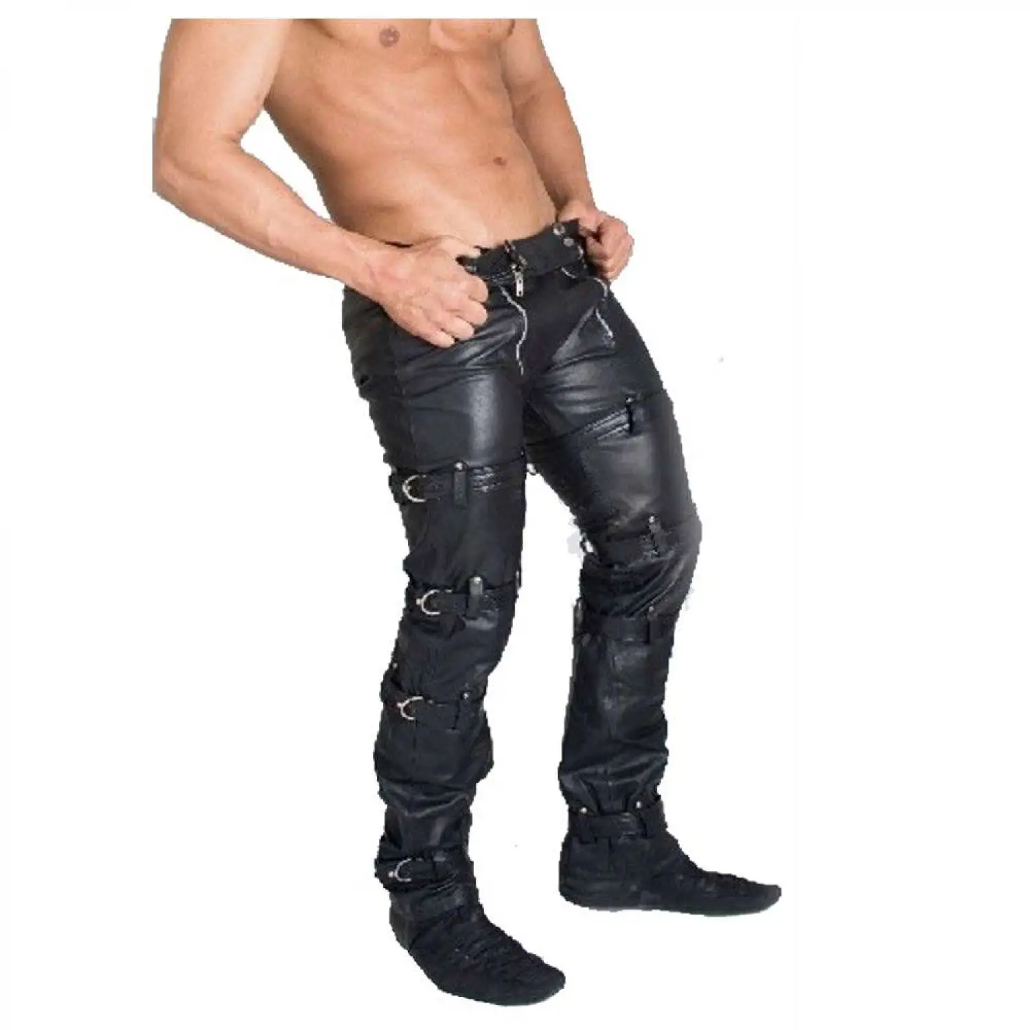 Men's Black Rocker Slim Fit Leather Pants Men's slim-fit black leather rocker pants with vertical zipper details on the thighs.