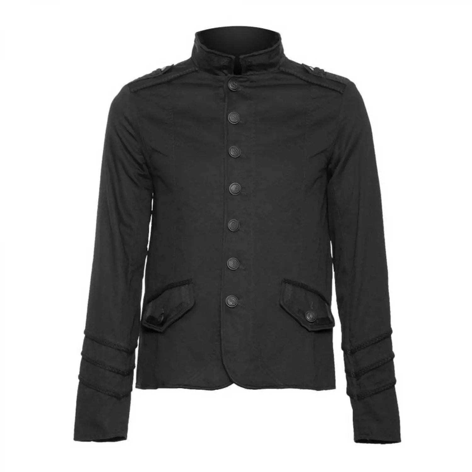 Men's black military officer jacket with braided cuff details and silver buttons