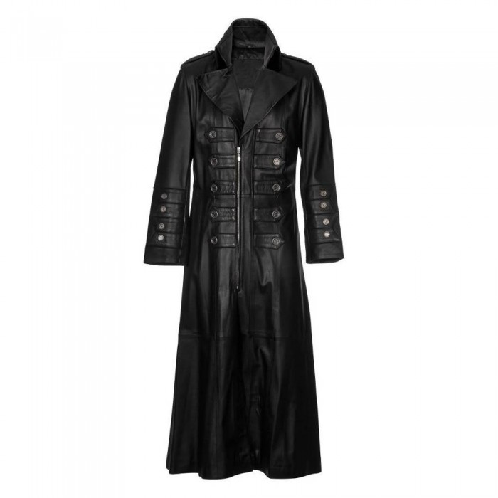 Men Gothic Military Steampunk Leather Trench Men Coat