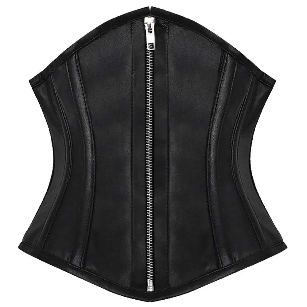 Gothic Underbust Black Leather Zipper Corset | Genuine Leather Women Corset Top