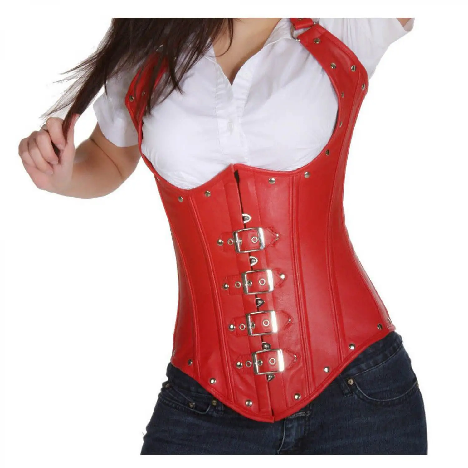 Red Leather Bondage Corset Women| Underbust Buckle Corset Women