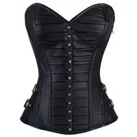 Women Black Leather Gothic Corset Overbust Steel Boned
