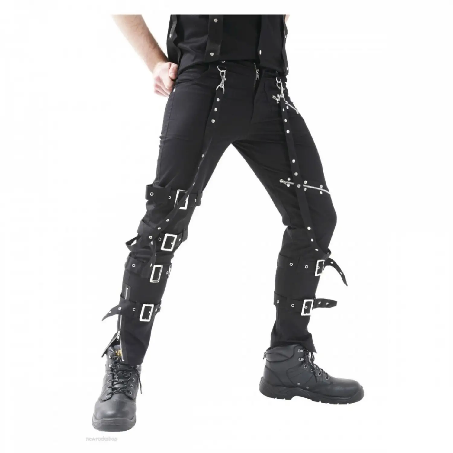 Men's black Gothic Emo pants featuring silver eyelets and multiple industrial buckle strap details along the legs.