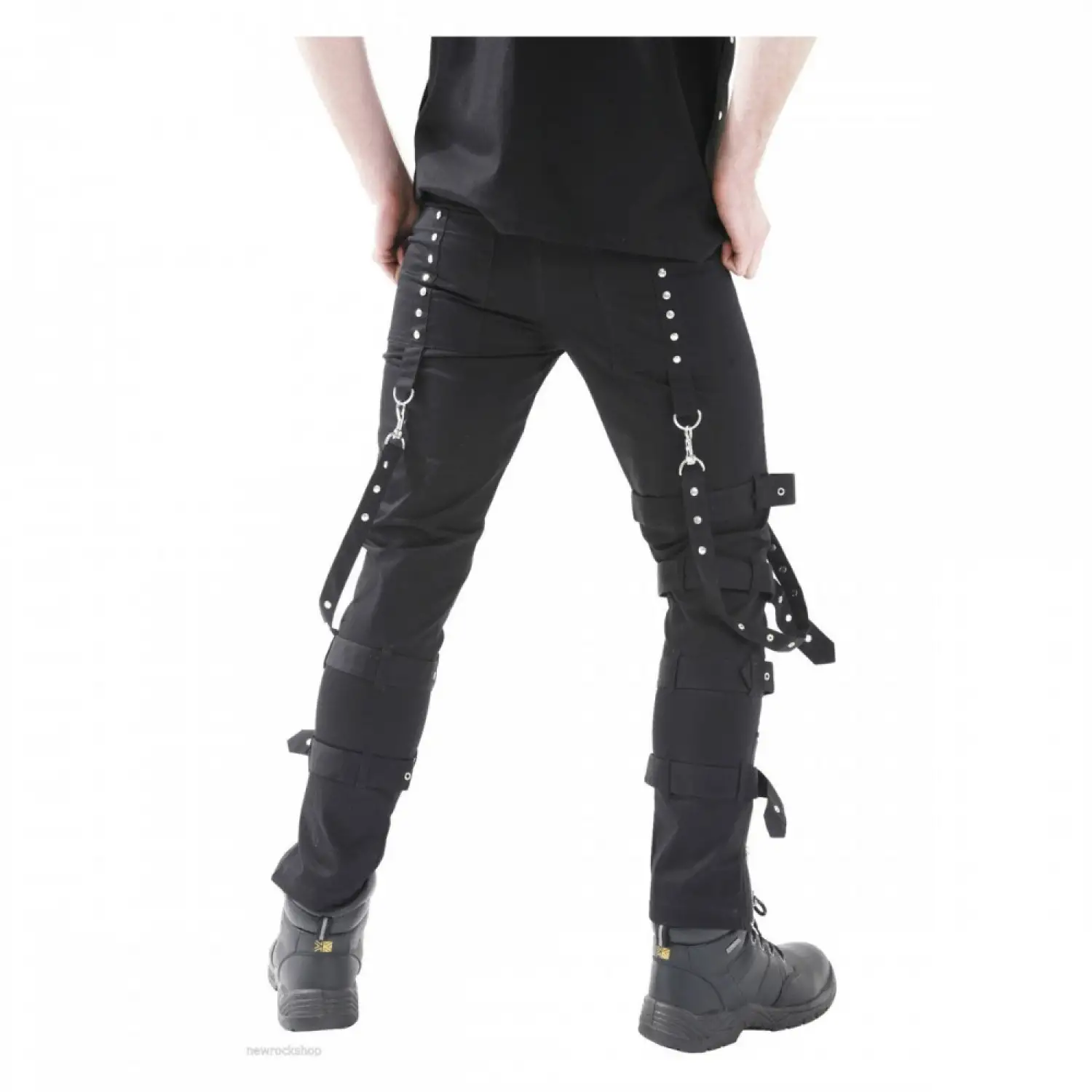 Men's black Gothic Emo pants featuring silver eyelets and multiple industrial buckle strap details along the legs.