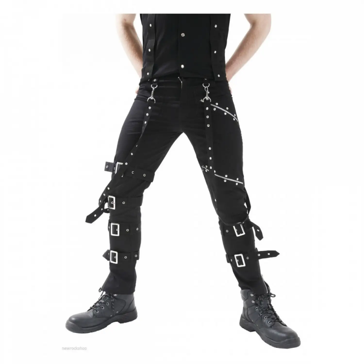 Men's black Gothic Emo pants featuring silver eyelets and multiple industrial buckle strap details along the legs.