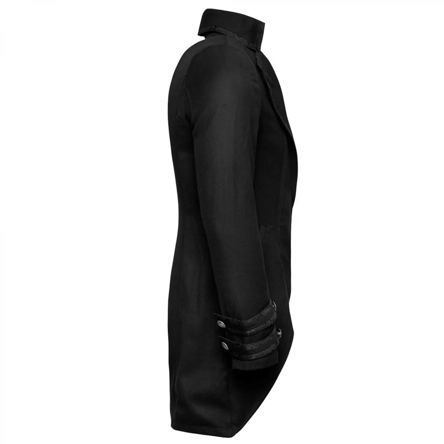 Men's black gothic tailcoat featuring textured jacquard fabric and ornate buttons