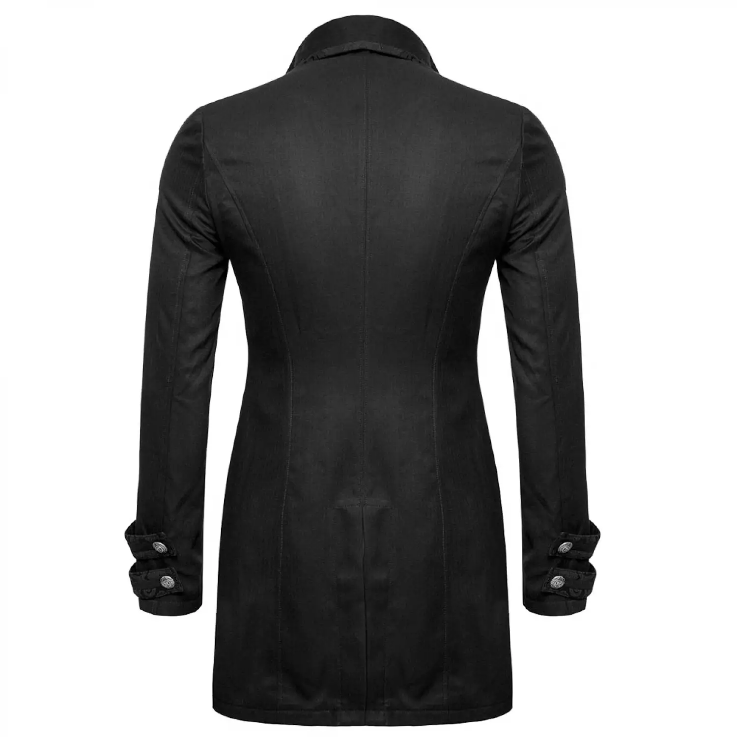 Men's black gothic tailcoat featuring textured jacquard fabric and ornate buttons