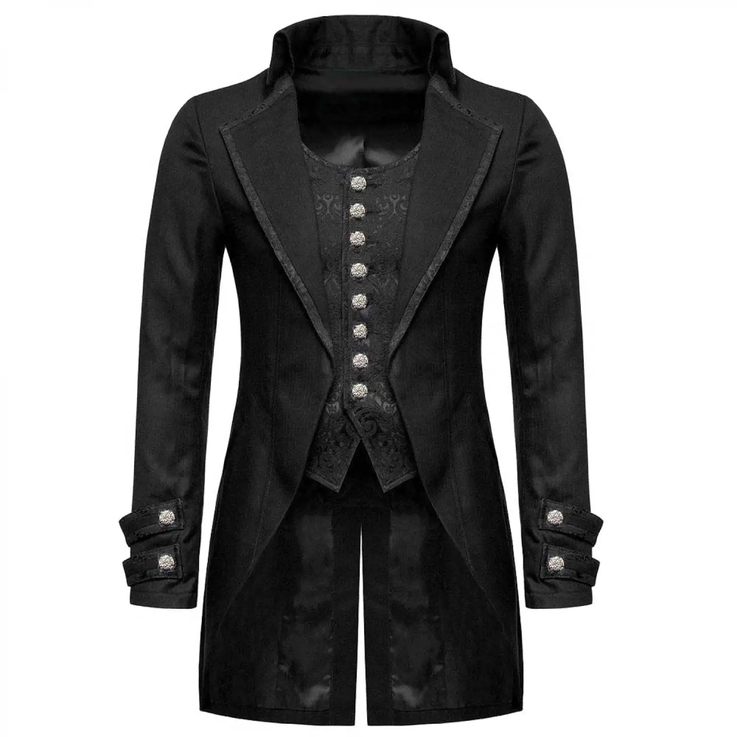 Men's black gothic tailcoat featuring textured jacquard fabric and ornate buttons