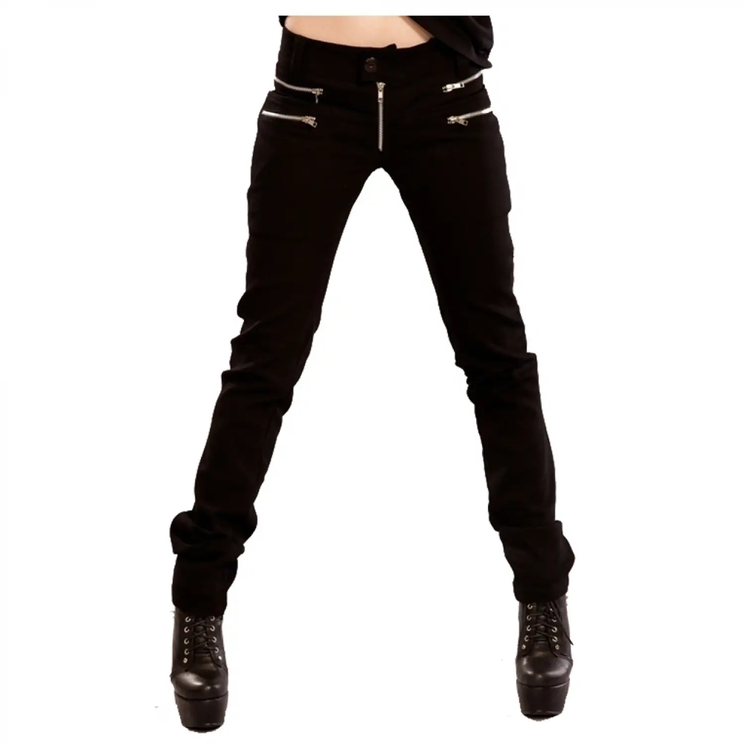 Black Punk Skinny Pant with multiple horizontal zipper accents and D-ring detail.