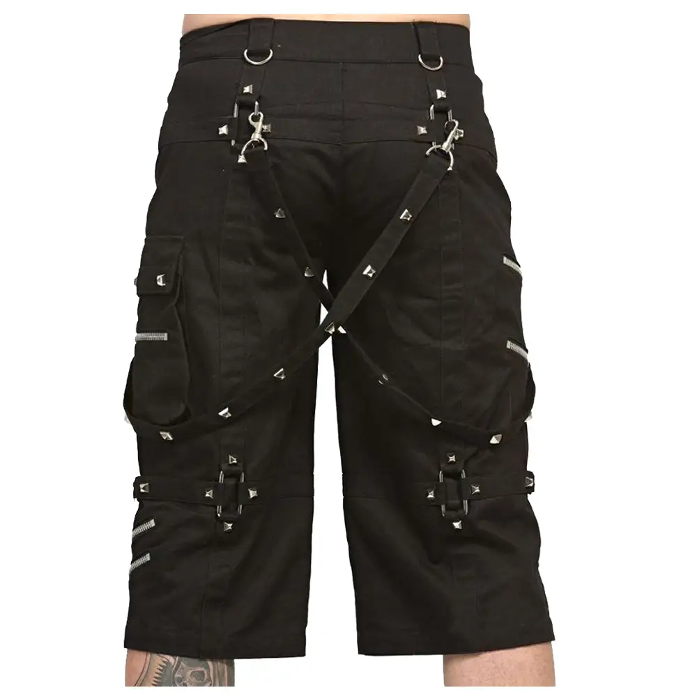 Techno Black Cargo Shorts Men | Gothic Metallic Decorations Studs Shorts