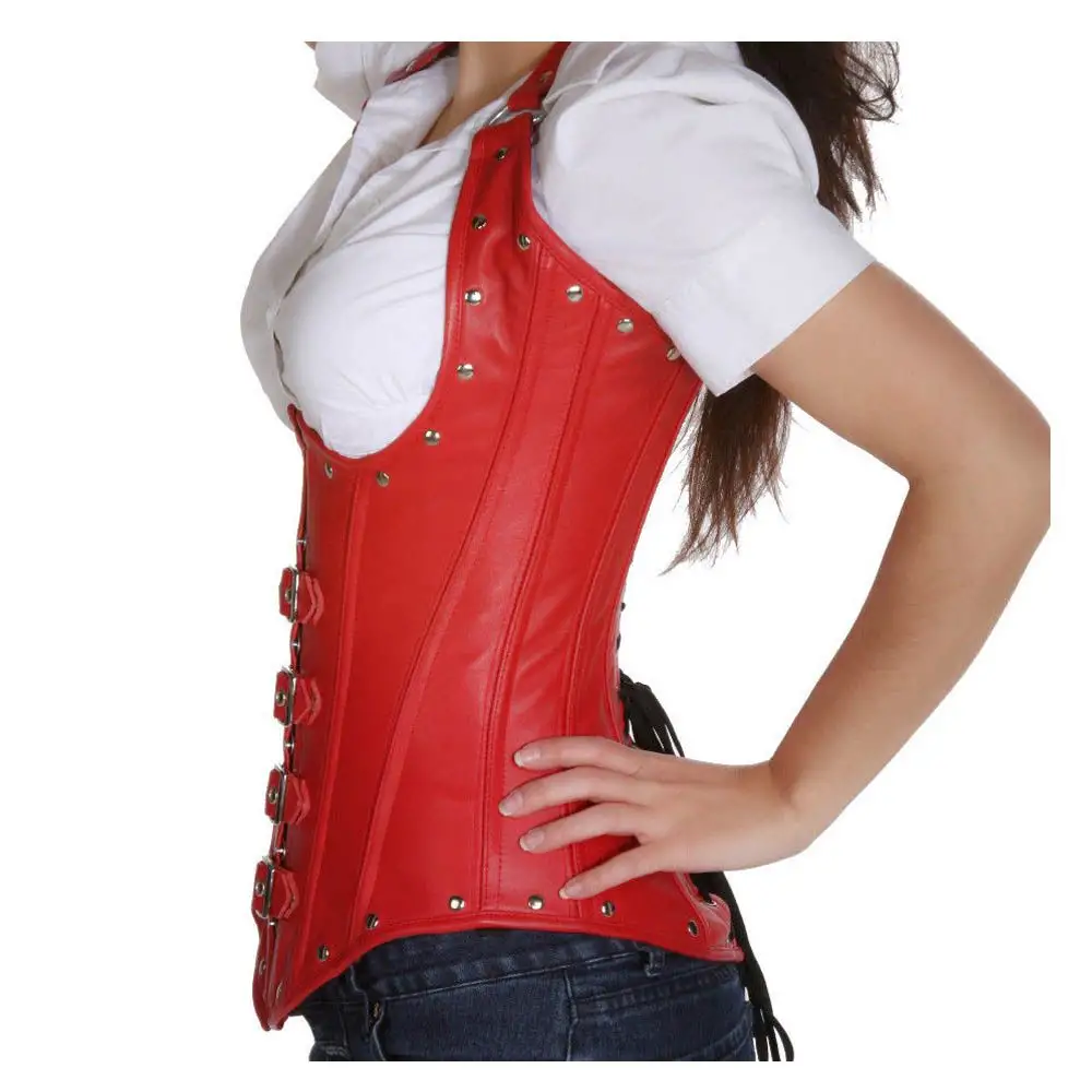 Sexy Punk Women Real Red Leather Underbust Buckle Corset | Studded Leather Corset
