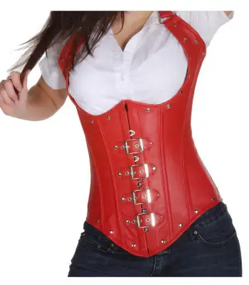 Sexy Punk Women Real Red Leather Underbust Buckle Corset