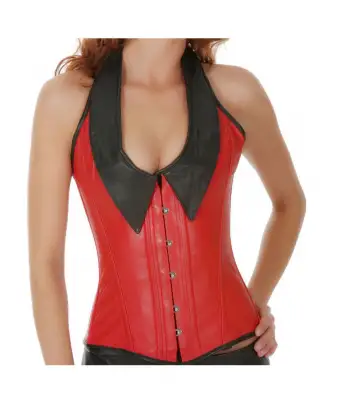 Women Red Leather Overbust Wear Corset Punk Bustier