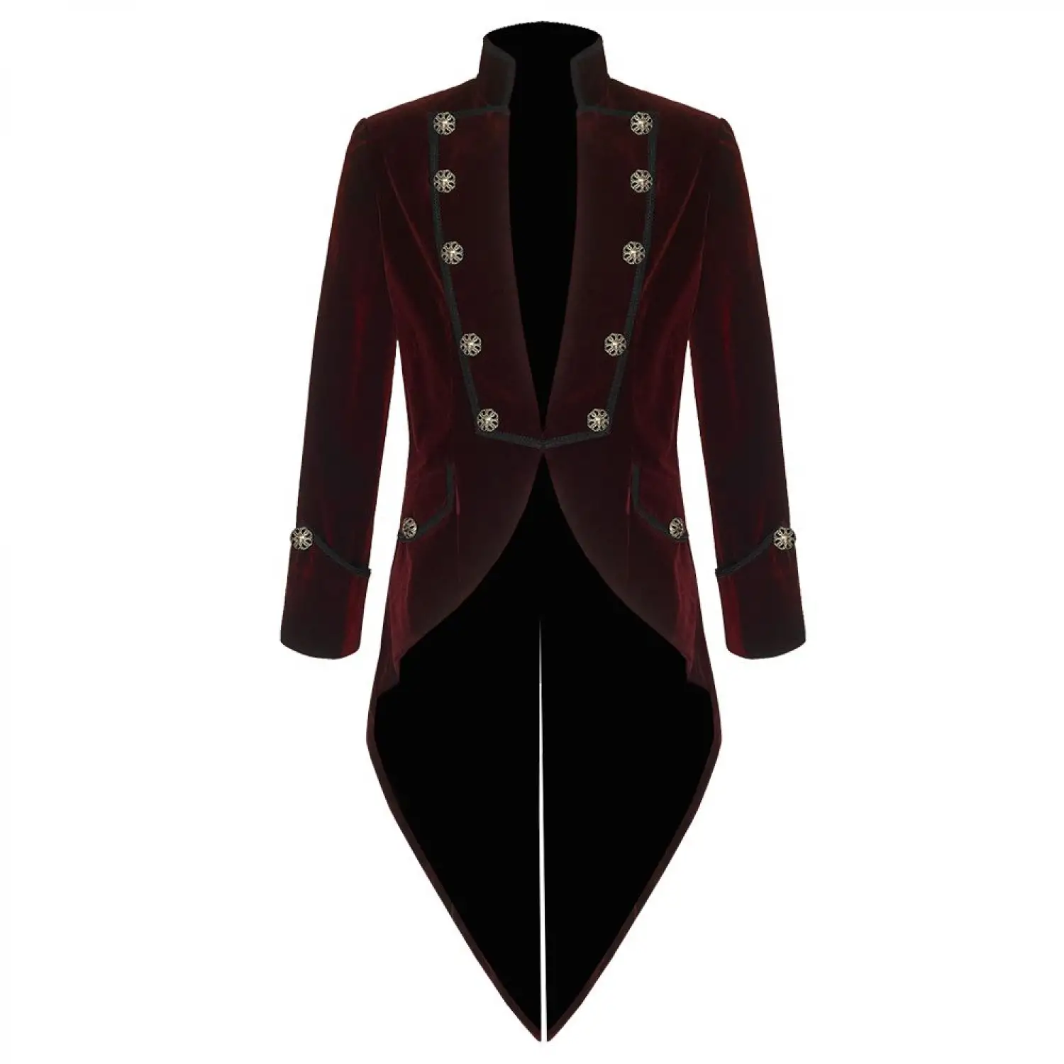 Men's red velvet steampunk tailcoat with a gothic Victorian swallowtail design and ornate buttons