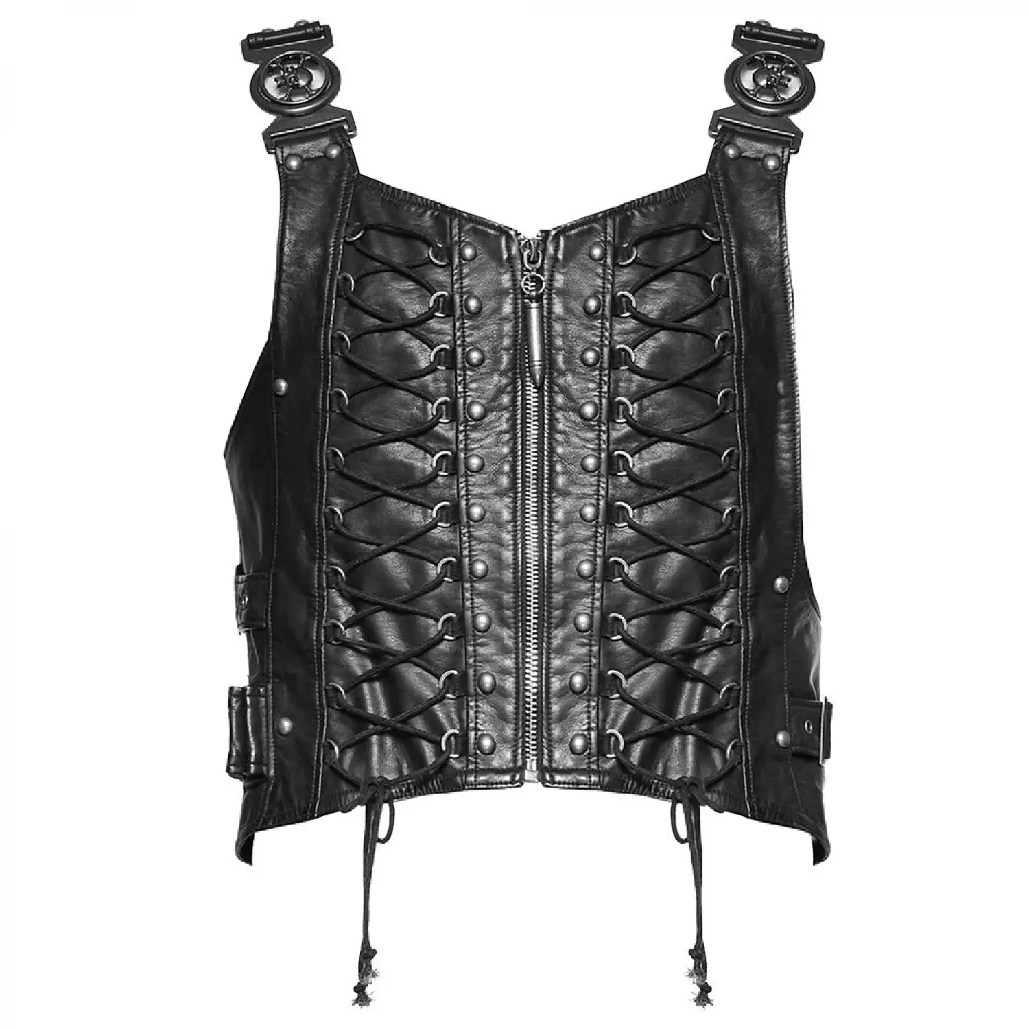 Artillery black faux leather Dieselpunk vest with quilted front, zipper, and large shoulder & side buckles.