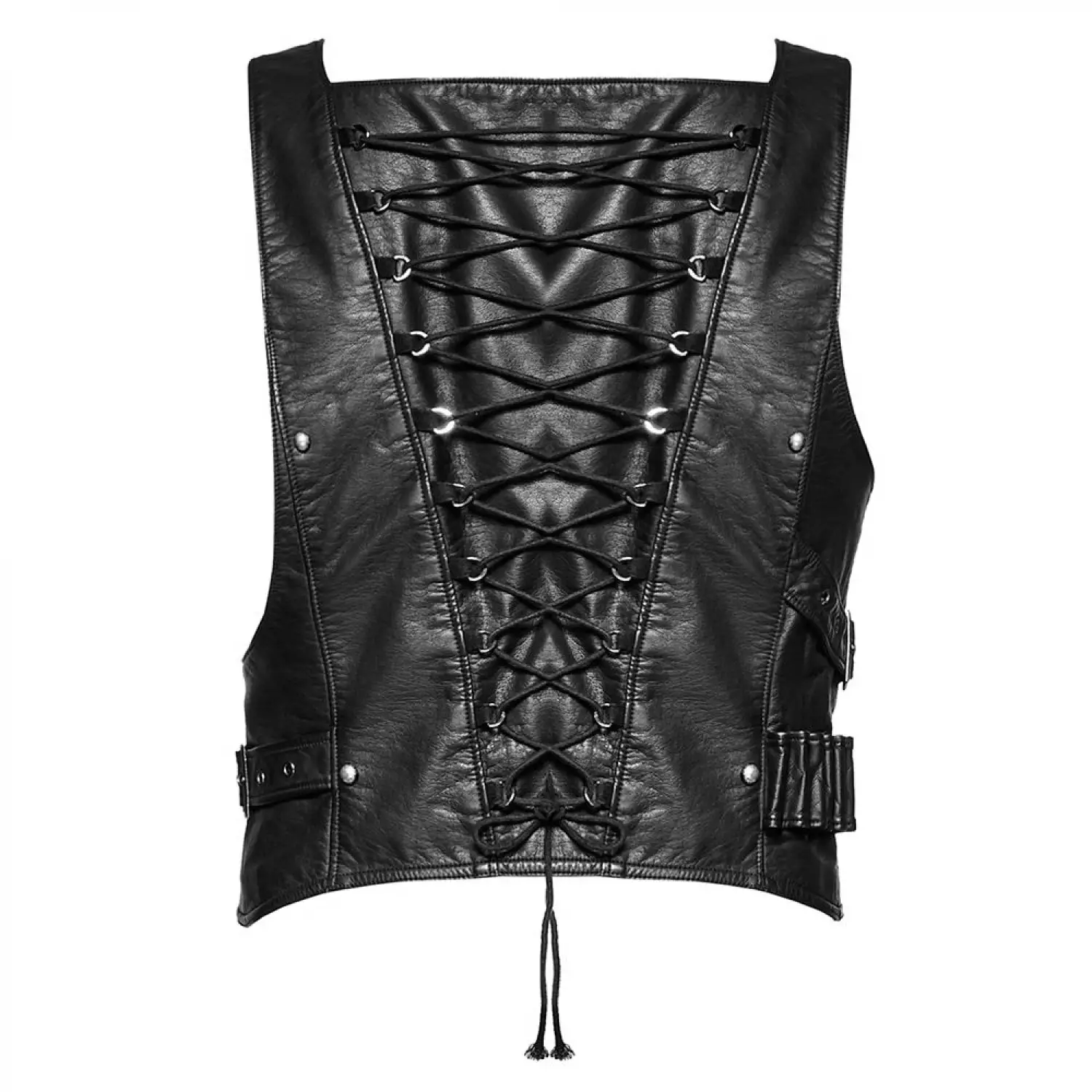 Artillery black faux leather Dieselpunk vest with quilted front, zipper, and large shoulder & side buckles.