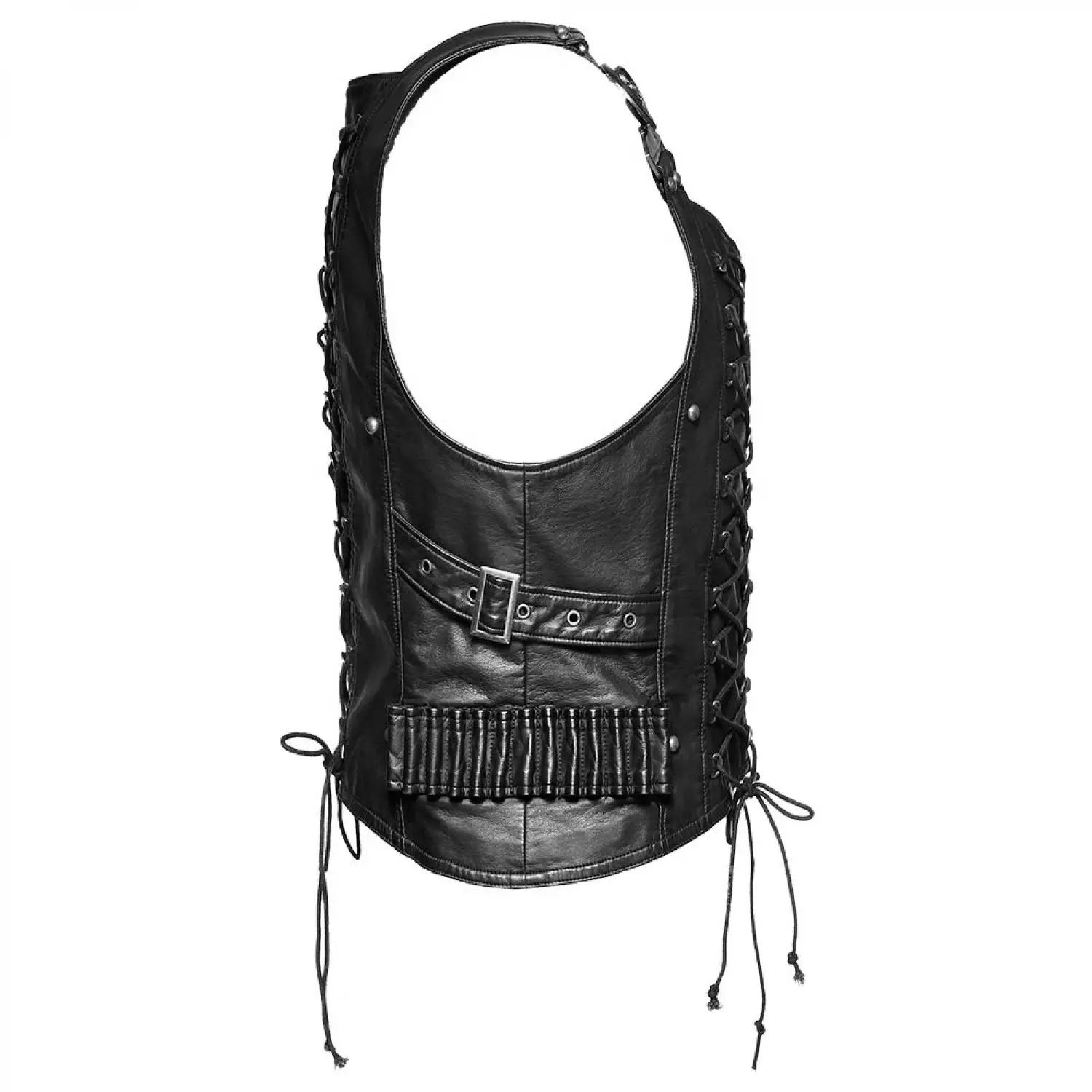 Artillery black faux leather Dieselpunk vest with quilted front, zipper, and large shoulder & side buckles.