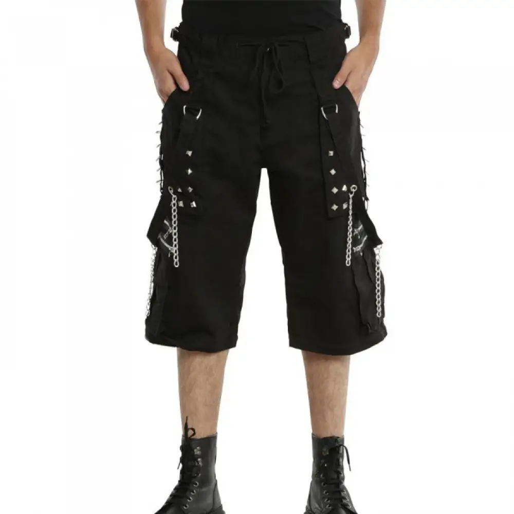 Men Gothic Black Chain Trouser Zip Off Punk Short Pant Goth Trouser