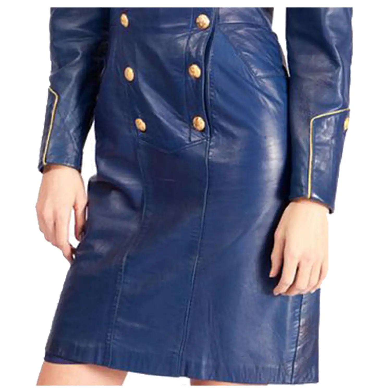 Women Blue Leather Long Sleeve Military Style Gothic Coat