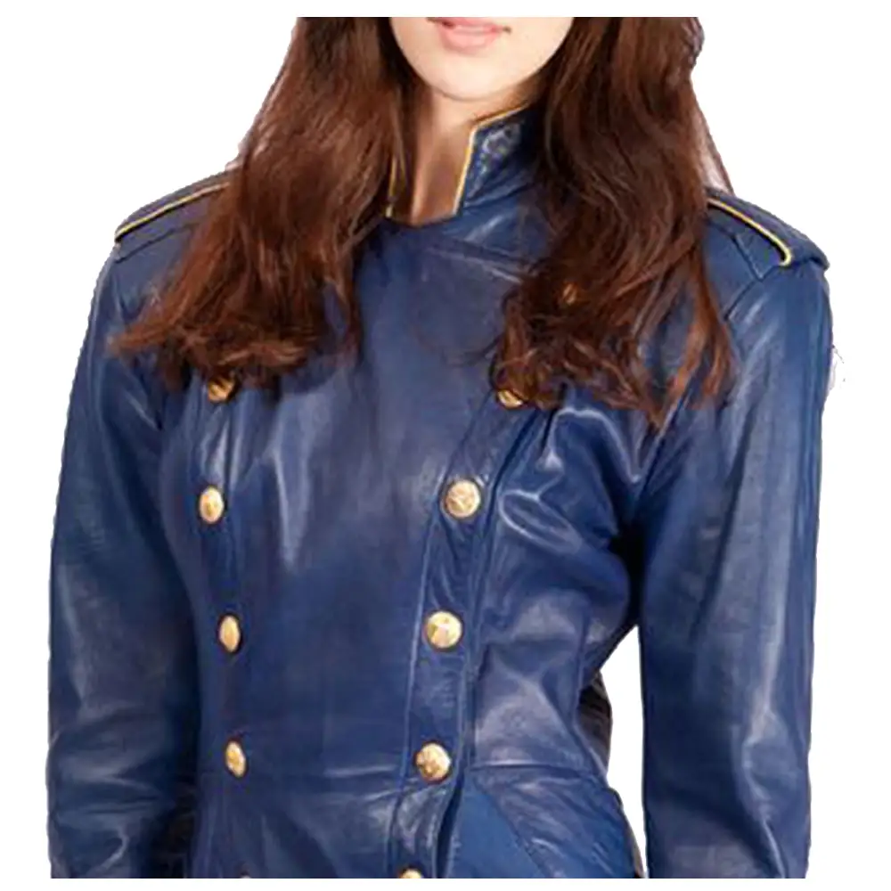 Women Blue Leather Long Sleeve Military Style Gothic Coat