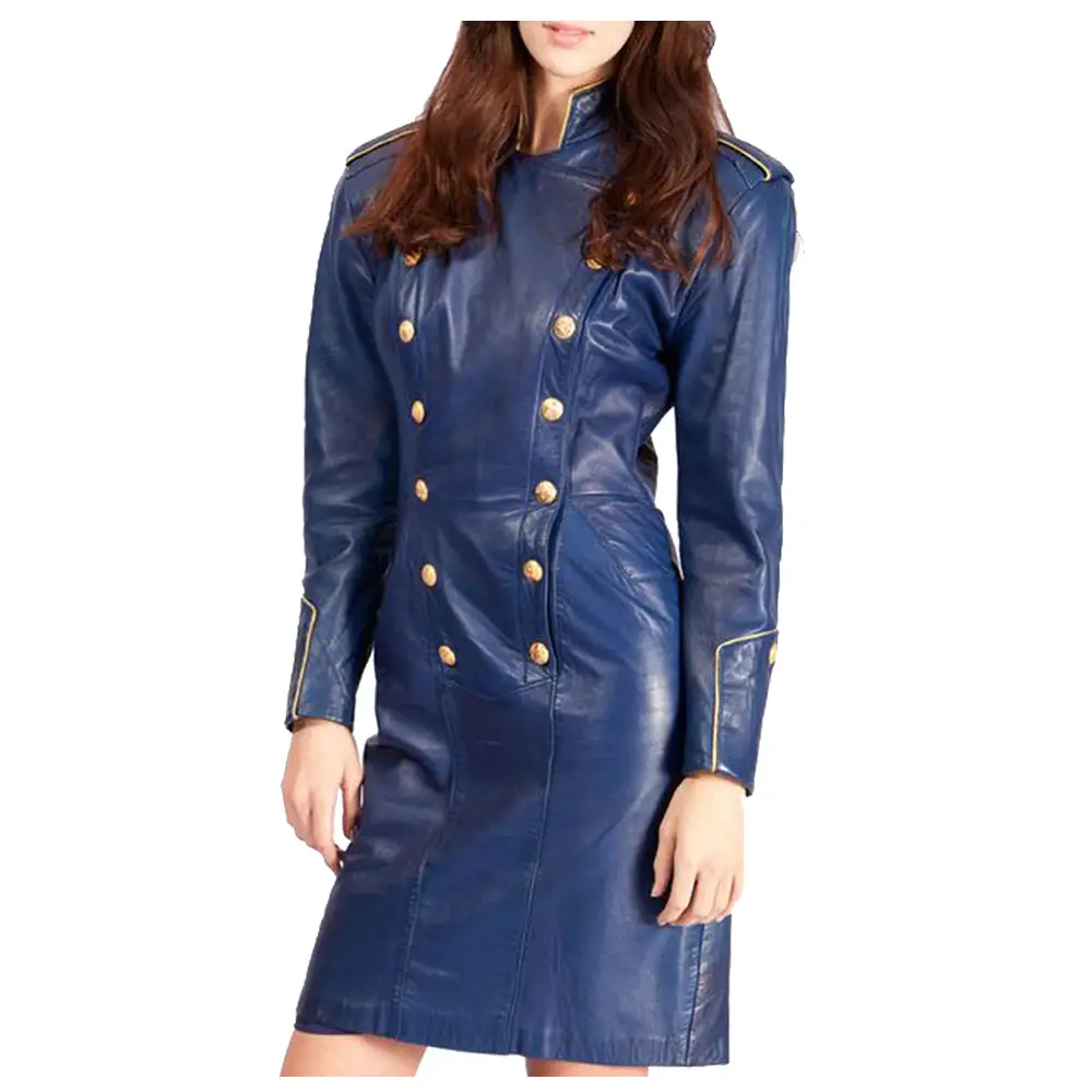 Women Blue Leather Long Sleeve Military Style Gothic Coat