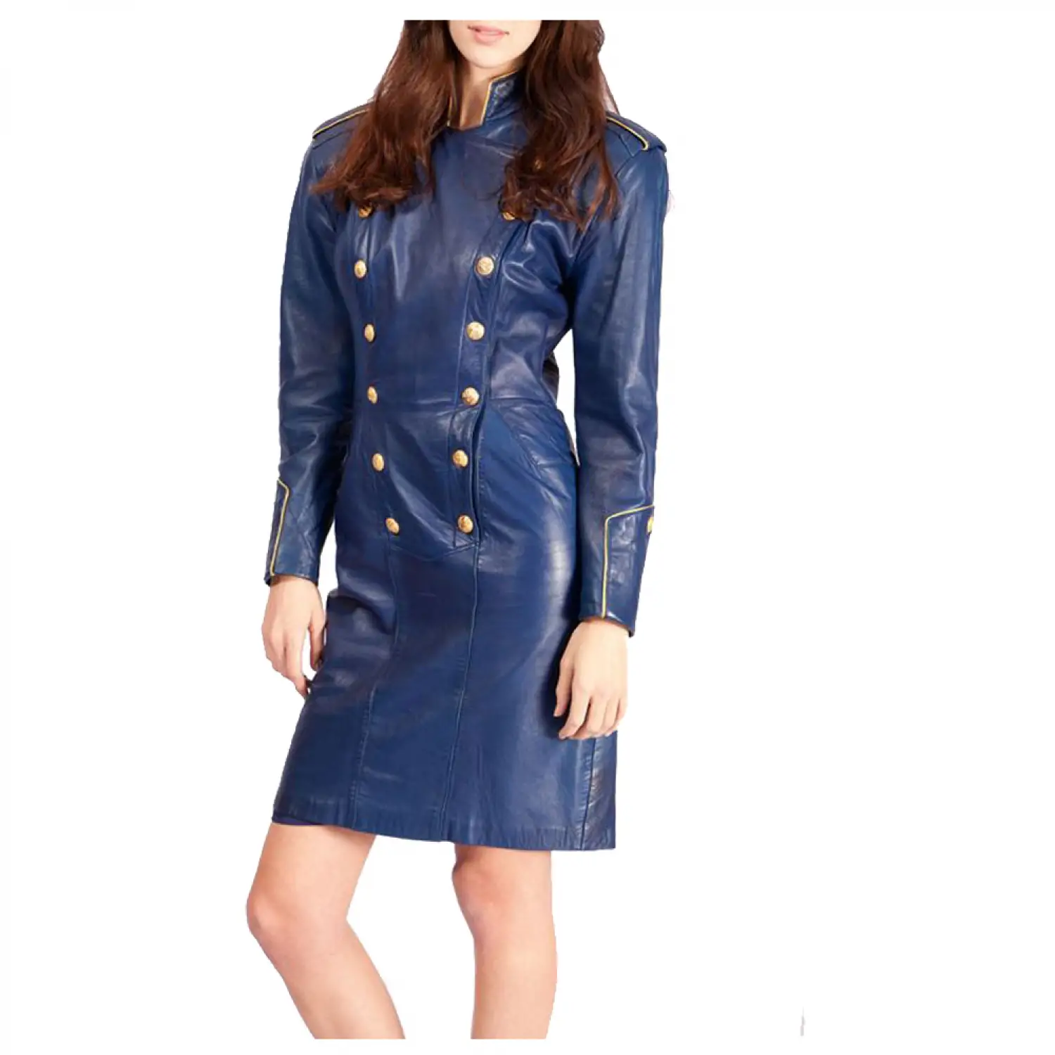 Women Blue Leather Long Sleeve Military Style Gothic Coat
